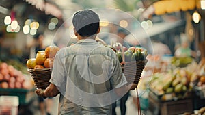 A man carrying a basket filled with a variety of exotic fruits back to the camera as navigates through the busy market