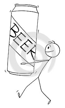 Man Carrying Big Beer Can, Vector Cartoon Stick Figure Illustration