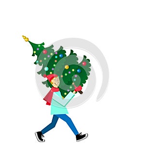 Man carrying a decorated fir-tree.