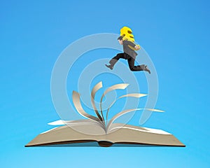 Man carrying Euro dollar sign and running on top of flipping pages of open book isolated in blue