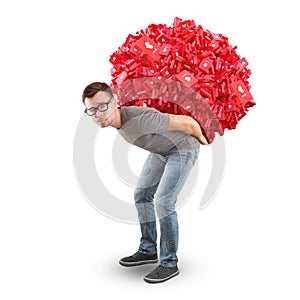 Man carrying a heap of social media Like Symbols - isolated on white