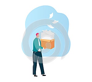 Man carrying heavy box of papers, overwhelmed by work tasks. Office worker with too much paperwork vector illustration