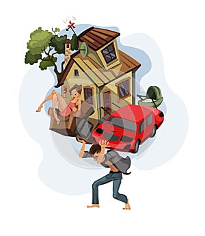 Man carrying a house and car on his back Vector cartoon illustration. Money, work, dept, Credit history concepts