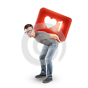 Man carrying a large social media Like Symbol - isolated on white