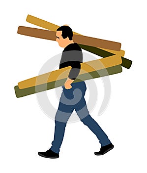 Man carrying rolled carpet and wallpaper vector. Moving service for transport. Home adaptation.
