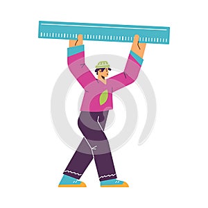 Man carrying ruler for distance measurement, flat vector illustration isolated on white background.
