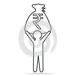 Man carrying Rupee INR currency in bag money, simple line icon