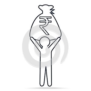 Man carrying Rupee INR currency in bag money, simple line icon photo