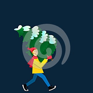 Man carrying a snowy fir-tree. Flat-style illustration