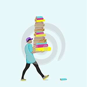Man carrying  tall stack of books. Flat vector illustration