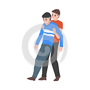 Man Carrying Unconscious Injured Person, First Aid Vector Illustration on White Background.