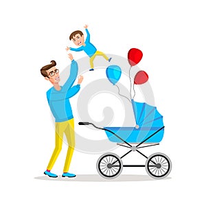 Man carrying young boy. Smiling dad holding son. Joyful father playing with his little kid. Happy family. Cute cartoon characters