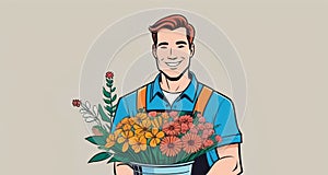 A man in a cartoon art is smiling and holding a vase of flowers in his hands