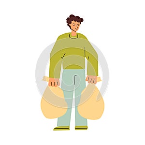 Man cartoon character carrying rubbish bags sketch vector illustration isolated.