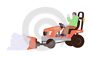 Man cartoon character driving snow dump tractor cleaning street from snow isolated on white