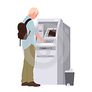 Man cartoon character entering password at atm to withdraw cash or doing money transactions