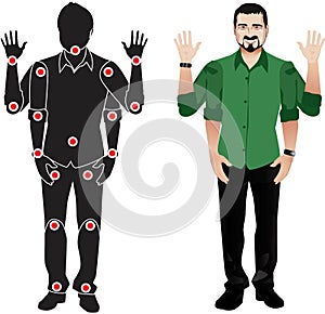 Man cartoon character in formal shirt, animation ready vector doll with separate joints. Gestures. With black beard