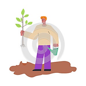 Man cartoon character planting tree sketch vector illustration isolated on white.