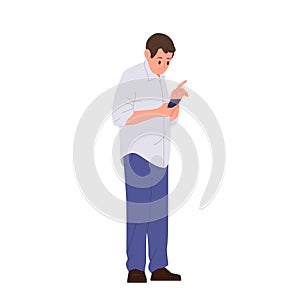 Man cartoon character using smartphone device for wireless online payment, money balance checkup