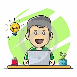 Man cartoon character work and study from home with laptop