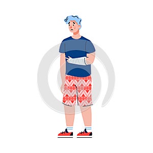 Man cartoon character with wounded arm in bandage vector illustration isolated.