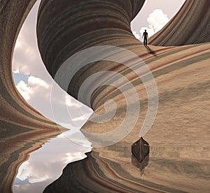 man on carved canyon rock and boat in water