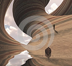 Man on carved canyon rock and boat in water