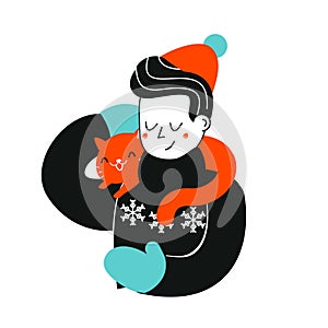 Man with cat. Boy in winter sweater hold cat on shoulders. Pets lover illustration. Animal friends concept