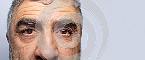 A man with cataracts is a disease of the lens of the human eye, clouding. Comparison of healthy and sick eye banner with place for