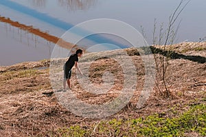 Man catches snakes in the dry grass on the riverbank.