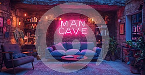 Man Cave Neon Sign Illustration in a dark man cave photo