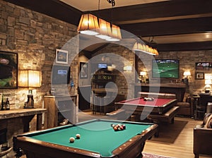 Man Cave Pool Tables and TV in Basement