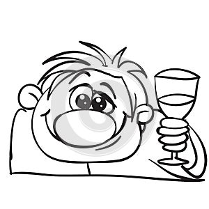 Man celebrates with a glass in his hands, drunk, outline drawing, caricature, isolated object on a white background