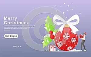 A man celebrating Christmas happily brings gifts for decoration. concept set of ball snowflake ribbon, plant, gift. for landing