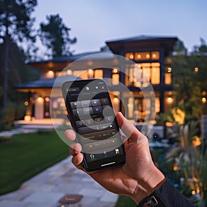 Man with cell phone in hand to control his home with domotica automation photo
