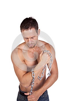 Man with chain around arm