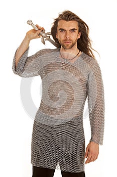 Man chain mail sword behind neck