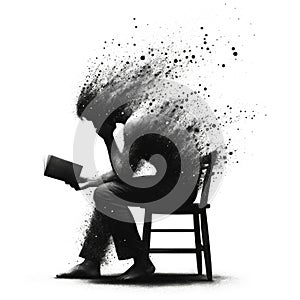 A man on a chair reading a book, with his head dissolving into fine particles or splashes, symbolizing loss of oneself in thought