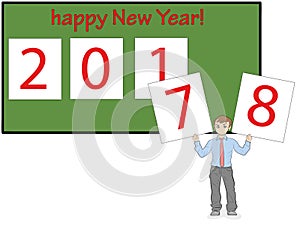 Man changes the new year cards from 7 to 8. The inscription Happy New Year! concept of New Year`s holidays. vector illustration.