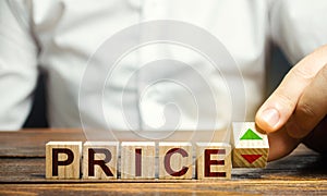 A man changes the position of a block with symbols of growth and decline near the word Price. Price regulator, supply-demand
