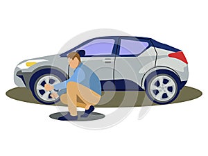 A man changes the wheel of a car. Tire service. In minimalist style. Cartoon flat