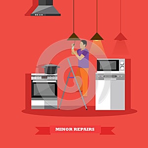 Man changing lamp bulb in kitchen vector illustration. Do it yourself home repair concept