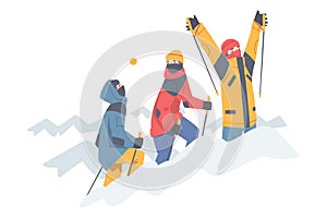 Man Character with Alpenstock Wearing Warm Clothing Ascending Mountain Vector Illustration photo