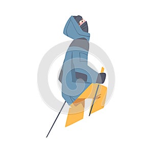 Man Character with Alpenstock Wearing Warm Clothing Ascending Mountain Vector Illustration photo