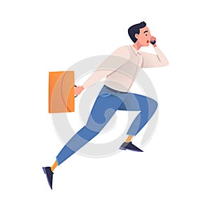 Man Character with Briefcase Hurrying Running Fast Speaking by Phone Feeling Panic of Being Late Vector Illustration