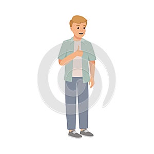 Man Character in Casual Jeans and Shirt Standing and Showing Thumb Up Vector Illustration