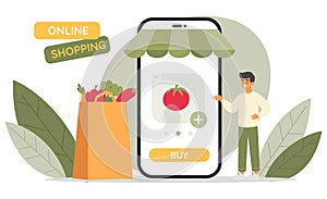 Man character choosing vegetables from online shop. Online shopping concept