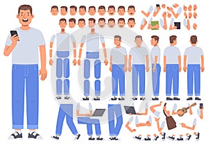 Man character constructor. A set of positions and views of the body, arms, legs, emotions for animation. Vector illustration in