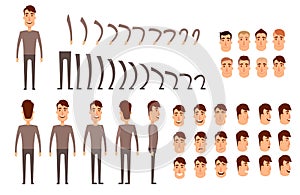 Man character creation set. Icons with different types of faces, emotions, clothes. Front, side, back view of male