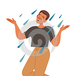 Man Character Crying, Weeping and Sobbing from Sorrow and Grief Feeling Sad and Upset Vector Illustration